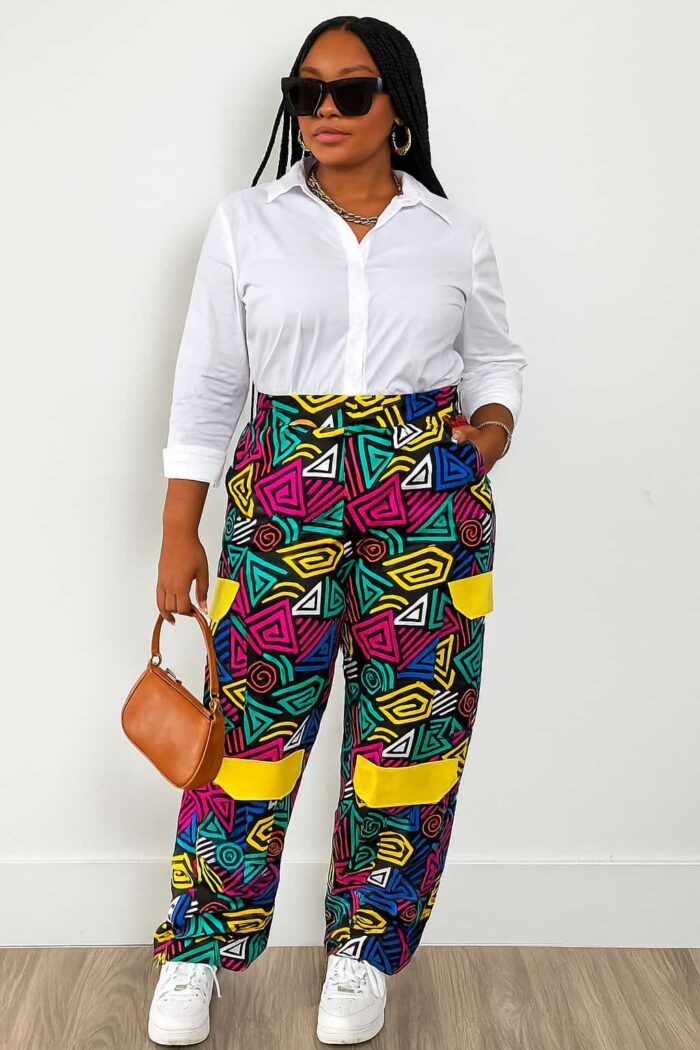 COLORFUL ANKARA CARGO PANTS WITH BOLD MULTICOLORED PATTERNS, A SUMMER STAPLE FOR THE MODERN MODEST WOMAN TO STAY STYLISH, CULTURAL AND CONFIDENT